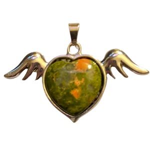 Angel Wing Heart Unakite Gemstone Pendant Necklace